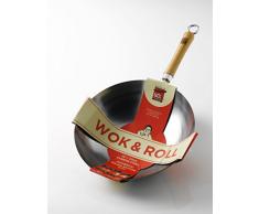School of Wok Wok Ã Fond Rond en Acier au Carbone antiadhÃ©sif Wok and Roll, argentÃ©, 33Â cm