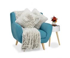 Relaxdays Couverture style fausse fourrure et 2 coussins fausse peau poils déco canapé salon synthétique, blanc-brun