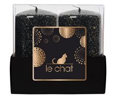 Le Chat 1179475 01179475 Barquette de 2 Bougies tête Plate Moyen modèle colorées Noir Paillettes dorées, Paraffine, 10 x 5 x 9,5 cm