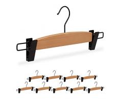 Relaxdays 10026831_59 Cintres à pantalon pinces, set de 10,bois métal, Clips caoutchouc jupes antidérapant, L 35,5 cm, noir nature, plastique, 14,5 x 35,5 x 2,5 cm