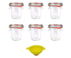 Viva Haushaltswaren G4010140 Lot de 6 Mini bocaux à Bord Arrondi 140 ML avec Pinces, Anneaux et Entonnoir Jaune avec système de Blocage