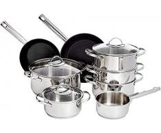 AmazonBasics Batterie de cuisine à induction en acier inoxydable de 11 pièces, y compris une poêle à frire avec revêtement antiadhésif, une casserole et une casserole avec couvercle