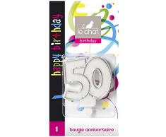 Le Chat 1196350 Bougie NOMBRE anniversaire blanc pailleté avec tour argent - 50 ans