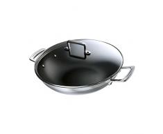 Le Creuset Wok Anti-adhérent avec Couvercle en verre Le Creuset, à 30 cm, Inox 3-ply Intégral,Capacité 4,8 L, Sans PFOA, Compatible avec Toutes Sources de Chaleur (y Compris Induction), Argenté