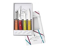 Le coffret blanc de 4 utilitaires de cuisine la fourmi manche en bois de hetre teint : 1 couteau a tomate, un eplucheur, une epluchette, un couteau doffice lame 9 cm