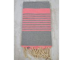 TML Fouta Ã Tissage, Coton, Gris Argent avec Rayures Rose Fluo, Taille Unique