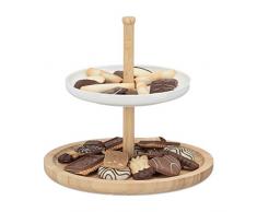 Relaxdays 10022185_347 PrÃ©sentoir Ã gÃ¢teaux en bambou 2 Ã©tages cÃ©ramique plat de service fruits apÃ©ritif DxH 25 x 25 cm, blanc-nature, Natur-weiÃ, 25 x 25 x 25 cm