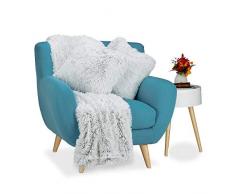Relaxdays Couverture style fausse fourrure et 2 coussins fausse peau poils déco canapé salon synthétique, blanc-gris