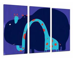 Tableau Moderne Photographique, Impression sur bois, Amitié enfant, Animal sauvage Hippo girafe, Bleu, 97 x 62 cm, ref. 26978