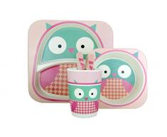 Jocca Enfants Ensemble de Vaisselle en Motif Chouette, Bambou, Rose/Vert/Blanc, 25.5Â x 23.5Â x 9.5Â cm
