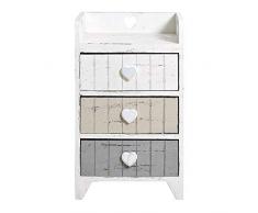 Rebecca Mobili Table de Chevet 3 Tiroirs, Meuble dAppoint Blanc Gris Beige, Bois de Paulownia, Shabby, Chambre Salle de Bain – Dimensions: 58 x 35 x 27 cm (HxLxL) - Art. RE4378