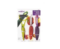 mastrad F20053 Lot de 3 Eplucheurs, Acier Inoxydable, Rouge/Violet/Vert, 21,3 x 15,7 x 2 cm