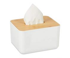 Relaxdays 10027746 Boîte à mouchoirs, Distributeur lingettes Salle de Bains, Plastique, Bambou, HLP 10 x 17 x 13 cm, Nature, Blanc/Marron, 1