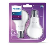 Philips Ampoule LED à baïonnette B22, Dépoli, 11 W (75 W) â Blanc chaud, Synthétique, B22, 11 wattsW 240 voltsV