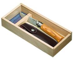 OPINEL - N°08 Luxe Olivier et Étui Alpine Brun - Couteau Pliant de Poche Bois dOlivier - Acier Inoxydable - Coffret Bois Couteau - Lame Inox 8,5 cm
