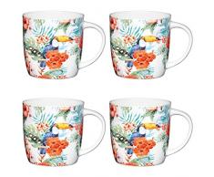 Kitchencraft Fine Toucan Tonneau ImprimÃ© Bird Tasses, 425Â ML (Lot de 4), Porcelaine Anglaise, Multi/Couleur, 8.9Â x 12.4Â x 9Â cm