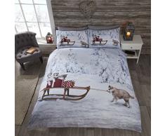Rapport Christmas Huskies Husky Dog Parure de lit Simple avec Housse de Couette et 2 taie doreiller, Motif Chiot Husky avec Un traÃ®neau, Multicolore, Multicolore, King