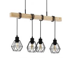 Eglo Townshend 5, Suspension vintage à 4 ampoules au design industriel, suspension rétro en acier et bois, couleur : noir, marron, culot : E27