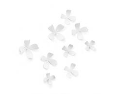 UMBRA Wallflower. Jeu de 10 fleurs de décoration murale Wallflower. En plastique moulé. Coloris blanc. Autocollant. 5 tailles différentes entre 6.4x6.4x2.5 et 11.4x11.4x6cm.