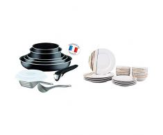 Tefal L2009802 Set de poêles et casseroles - Ingenio 5 Essential Noir Set 10 Pièces - Tous Feux sauf Induction & AmazonBasics Service de Table 18 pièces - Lignes Chaudes, pour 6 Personnes