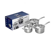 Le Creuset Set de 6 Pièces, 3 Casseroles avec Couvercles, , à 16/18/20 cm, Inox 3-ply Intégral, Capacité 1,9/2,8/3,8L, Compatible avec Toutes Sources de Chaleur (y Compris Induction), Argenté