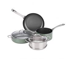 AmazonBasics Batterie de cuisine à induction antiadhésive multifonction, 6 pièces, pistache, y compris marmite, casserole, poêle, vapeur