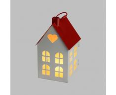 Lanterne Maison en mÃ©tal Blanc et Rouge H 16,5 cm, Bougie en Cire Ivoire Ã Piles, LED Blanc Chaud