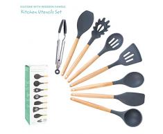 Ustensiles de cuisine en silicone - 8 piÃ¨ces - PoignÃ©es en bois naturel - Outils de cuisine - Outils de cuisine - Pinces spatules - CuillÃ¨re - Louche - AntiadhÃ©sive - RÃ©sistante Ã la chaleur