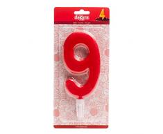 Dekora Bougie gÃ©ante chiffre 9, cire, rouge, 15Â cm
