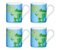Kitchencraft Fine Dinosaure pour Enfant Fantaisie ImprimÃ© Tasses, 250Â ML (Lot de 4), Porcelaine Anglaise, Bleu, 10.5Â x 7.5Â x 8.5Â cm
