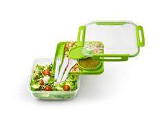 Sundis 92001 Salad Box - Boîte Hermétique Avec Plateau Integré, Couverts, et Compartiment pour Sauce, Plastique, Vert, 19,4 x 19,4 x 9 cm