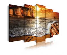 Dekoarte 263 - Tableau moderne sur toile monté sur cadre en bois 5 pièces, nature cocher de soleil sur la plage, 150x80cm