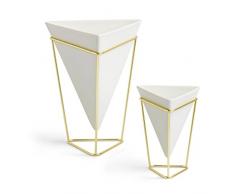 UMBRA Trigg, Jardinière de Bureau & Pot Géométrique â Idéal pour des Plantes Succulentes, des Plantes Aériennes, des Mini Cactus, des Fausses Plantes et Autres, Céramique Blanche/Laiton (Lot de 2)