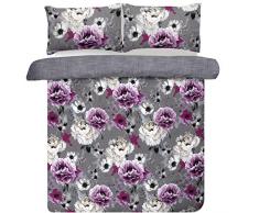 Sleepdown Housse de Couette rÃ©versible, Motif Fleuri, Bleu, Coton Polyester, Gris, Simple