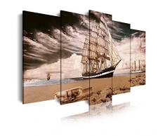 Dekoarte 298 - Tableau moderne sur toile montÃ© sur cadre en bois 5 piÃ¨ces, bateau sur la rive de la plage, 150x80cm