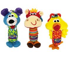 Playgro Spieltier-Trio für unterwegs, Mit Quietsche, Rassel und Glöckchen, Ab 0 Monaten, Mehrfarbig, 40193