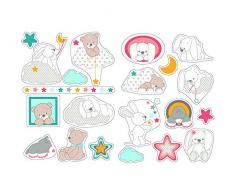 Nattou Stickers Muraux pour Chambre dEnfants, 2 Feuilles, Mia et Basile, 50 x 70 cm, Blanc/Brun/Bleu/Rose