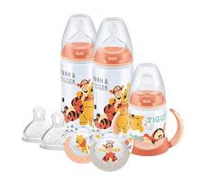 Ensemble de biberons, sucettes et gobelets Nuk pour bébé de 0 à 18 mois, motif Winnie lourson, avec 2 biberons, 1 tasse à sifflet, 2 sucettes et 2 tétines en silicone