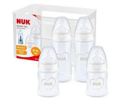 NUK First Choice+ Starter Set Lot de biberons | 0-6 mois | 4 biberons avec contrôle de la température et un casier à biberons | anti-colique | sans BPA | blanc (cœur) | 5 unités