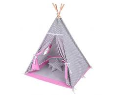 LULANDO tente teepee pour les enfants, 140 cm de l’hauteur, deux coussins, Oeko-Tex Standard 100, 100% coton, couleur: Étoiles blanches / Rose