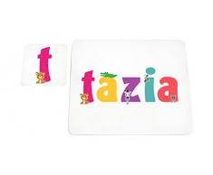 Little Helper LHV-TAZIA-COASTERANDPLACEMAT-15IT Dessous de verre et sets de table avec finition brillante, personnalisés pour filles Nom Tazia, multicolore, 21 x 30 x 2 cm