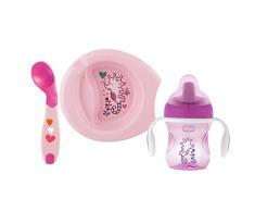 Chicco Coffret Repas (Assiette Maintien au Chaud + Assiette Creuse Décorée + Tasse Training + Cuillère Coudée) - Rose - 6M+