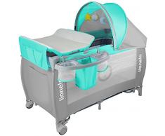 Lionelo Sven Plus boîte 2 en 1 lit bébé lit bébé table à langer jouets baldaquin suspendu avec moustiquaire entrée latérale supplémentaire rouleaux mobiles système LockGuard, turquoise