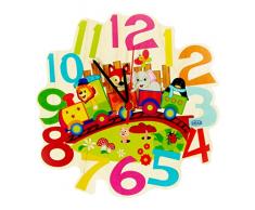 Hess Jouet en bois 30009 Horloge murale en bois avec mouvement à quartz, Chemins de fer Multicolore Env. 24 cm