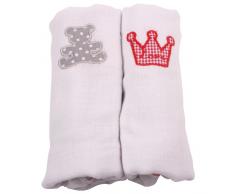Minene Lot de 2 serviettes de toilette carrées en mousseline avec broderie Motif ourson et couronne Blanc