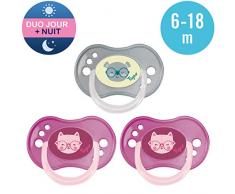 Tigex sucettes réversibles jour et nuit, de 6 à 18 mois, silicone, sans BPA, rose et gris [Filles], lot de 3