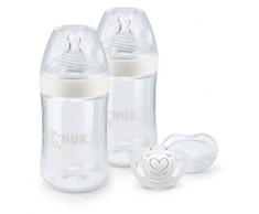 NUK Kit de 2 Biberons Nature Sense, 0-6 Mois, 260ml, Anti Colique, Sans BPA, avec Sucette Genius, Neutre