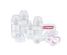 NUK Kit Biberons Nature Sense (150ml x2 et 260ml x2) avec Sucette Genius, Goupillon, Tétines et anneau de dentition, Rose