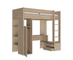Lit combiné 90x200 Gami Ethan 1G75594 - Bois, rangement, gain de place, lit mezzanine, junior