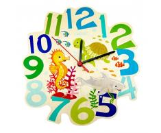 Hess Jouet en bois 30010 Horloge murale en bois avec mouvement à quartz, hippocampe, multicolore